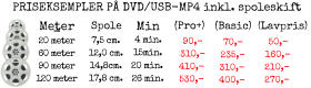 -   MeterSpole    Min    (Pro+) (Basic)  (Lavpris)  20 meter 60 meter 90 meter 120 meter 7,5 cm. 12,0 cm. 14,8cm. 17,8 cm. 50,- 160,- 210,- 270,- 70,- 235,- 310,- 400,- PRISEKSEMPLER PÅ DVD/USB-MP4 inkl. spoleskift 90,- 310,- 410,- 530,- 4 min. 15min. 20 min. 26 min.